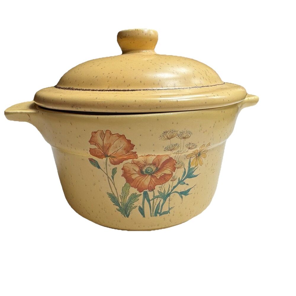 Vintage Treasure Craft 1/2 Qt Covered Casserole Wildflower Dish Speckled Yellow